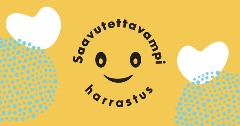 Keltaisella taustalla on Saavutettavanpi harrastus -logo. Logon molemmilla puolilla on valkoiset sydämet ja turkooseja pisteitä.